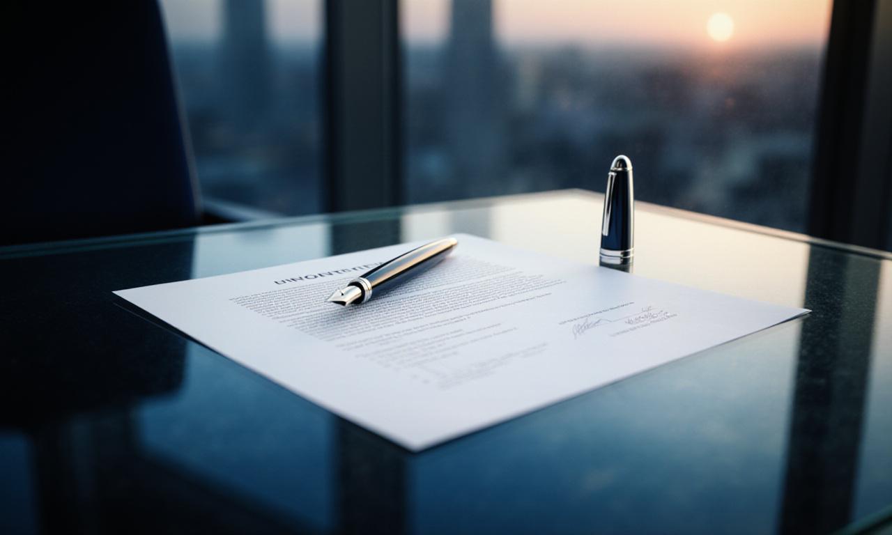 Close up of a financial contract on a modern backlit glass table