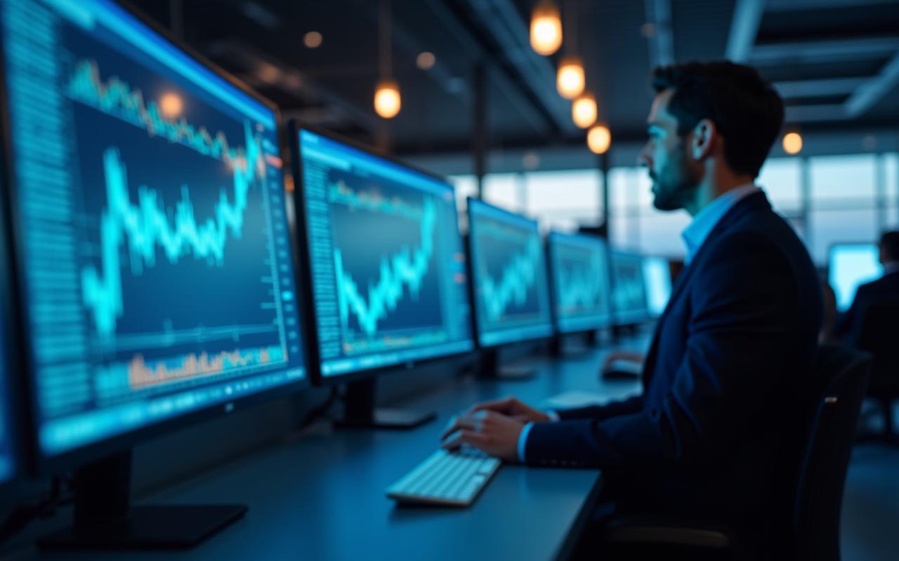 Modern financial trading floor with high-tech screens and professional atmosphere